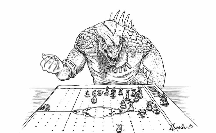 Lizardman rolling dice while playing Blood Bowl.