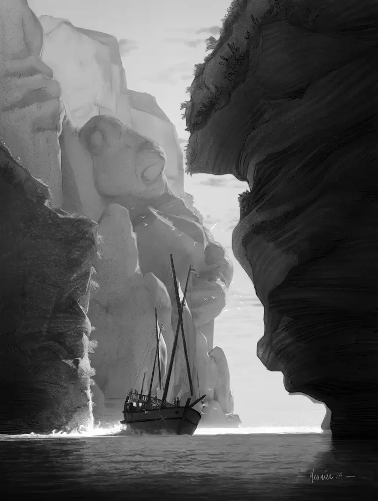 A caravelle ship, The Menace sails between cliffs. Art by Sébastien Meunier.